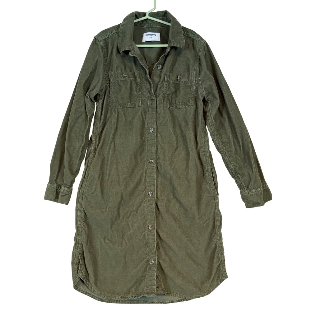 Old Navy Girls Olive Green Corduroy Long Sleeve Button Front Shirt Dress L 10‎